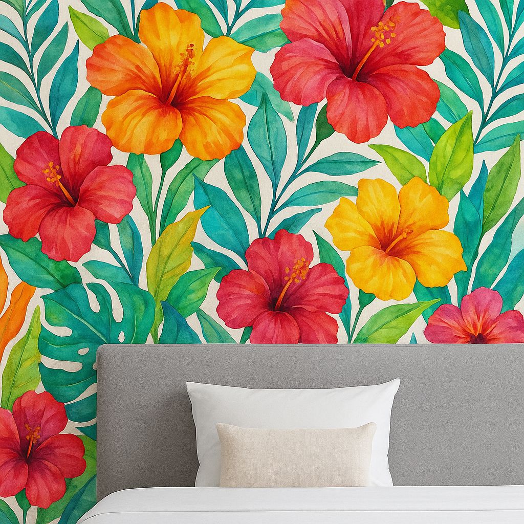 Perete decorat cu tapet adeziv imprimat Digiprint HT W301, imagine after într-un dormitor de hotel modern.