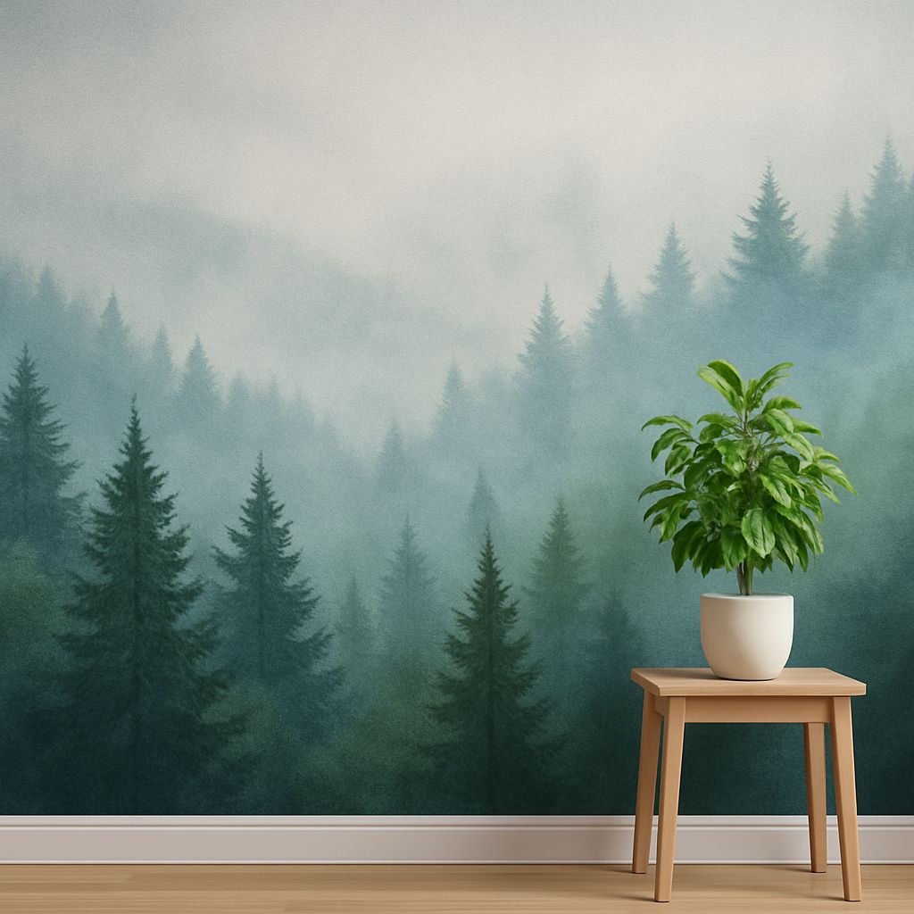 Perete transformat cu tapet adeziv imprimat Digiprint HT W301, cu model tropical colorat, într-o cameră decorată modern.