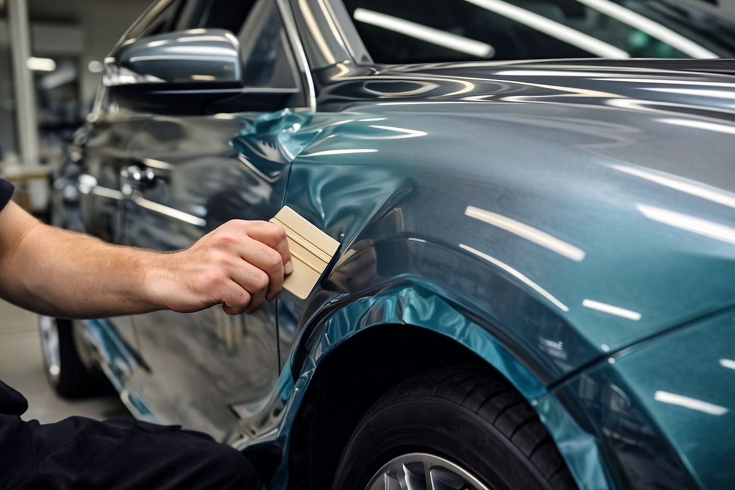 Aplicare de folie auto pe aripa unei mașini, demonstrație în cadrul workshopului Verla cu tehnici profesionale.