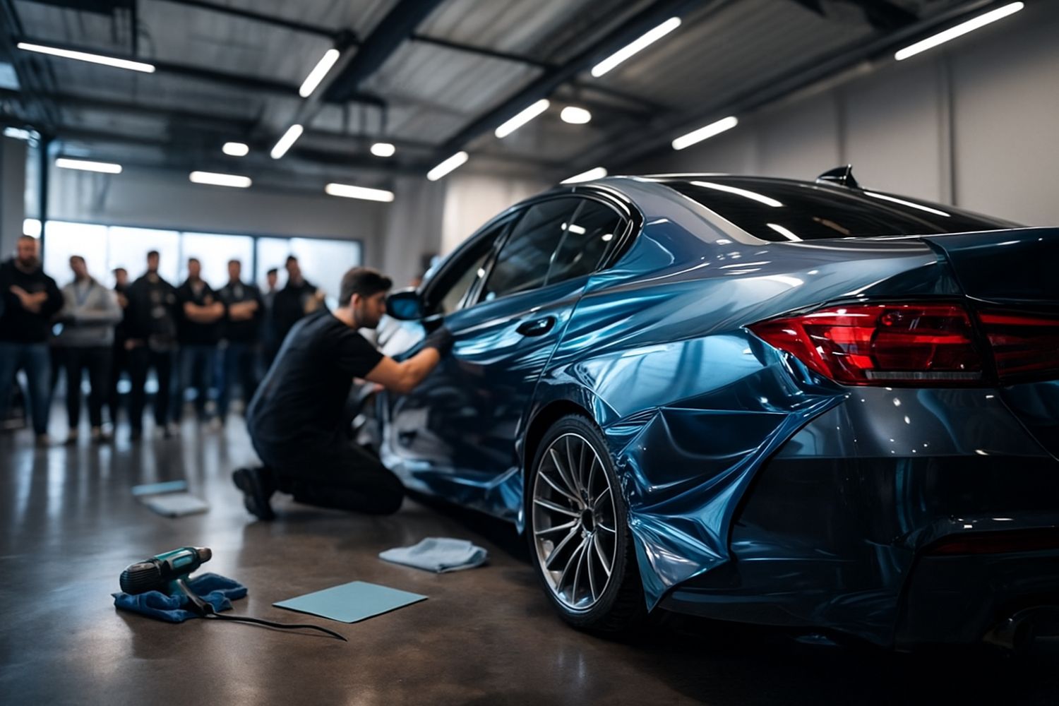 Aplicare de folie auto pe aripa unei mașini, demonstrație în cadrul workshopului Verla cu tehnici profesionale.