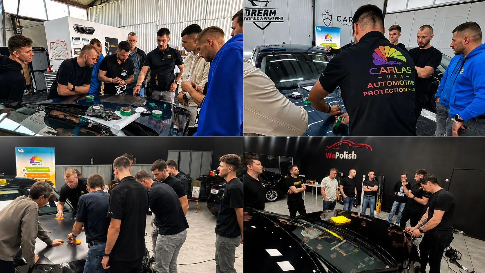 Colaj cu aplicatori auto testând PPF Carlas pe mașini în cadrul Carlas PPF Experience, workshop practic Verla Academy despre PPF transparent, PPF color și aplicare pe zone reale de caroserie.