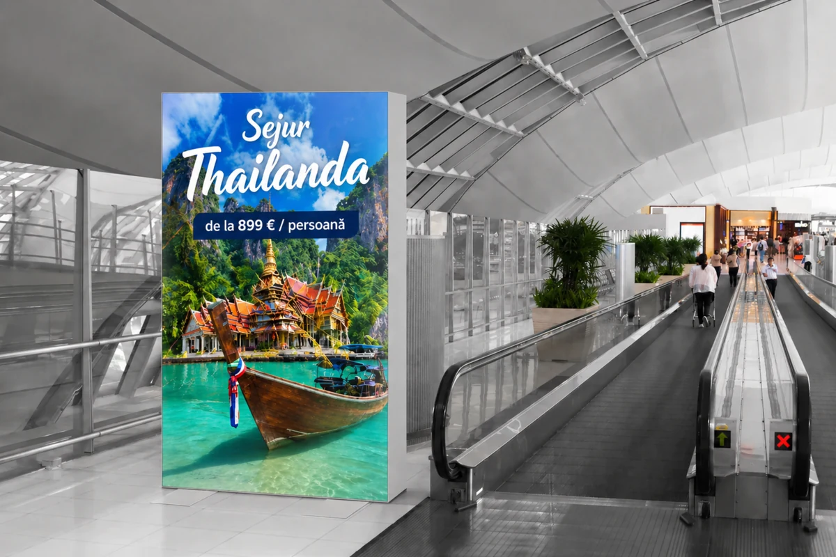 Casetă luminoasă textilă folosită pentru reclamă de interior într-un spațiu cu trafic