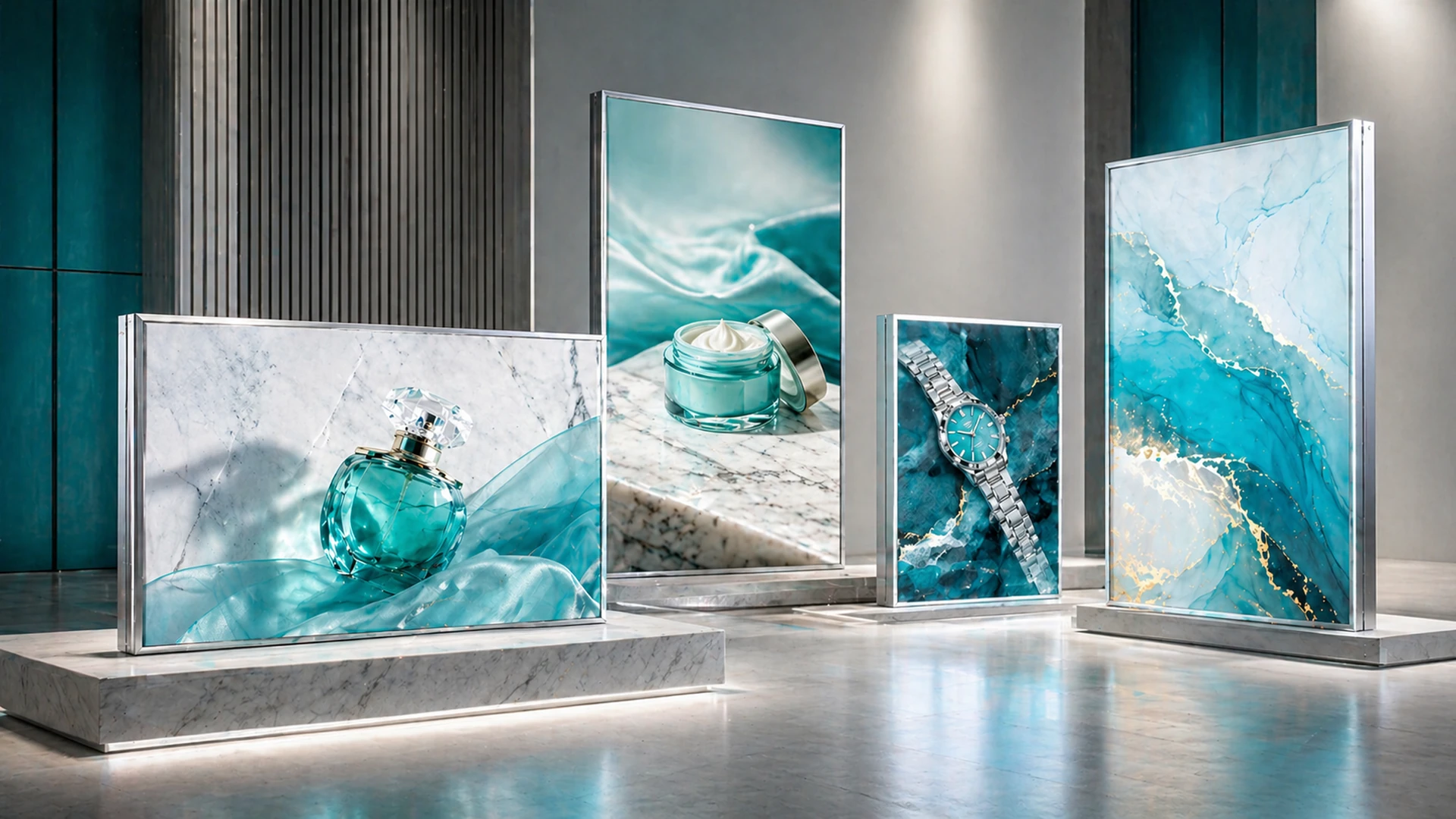 Casete luminoase cu profile din aluminiu și fețe grafice colorate, prezentate într-un spațiu modern de expunere