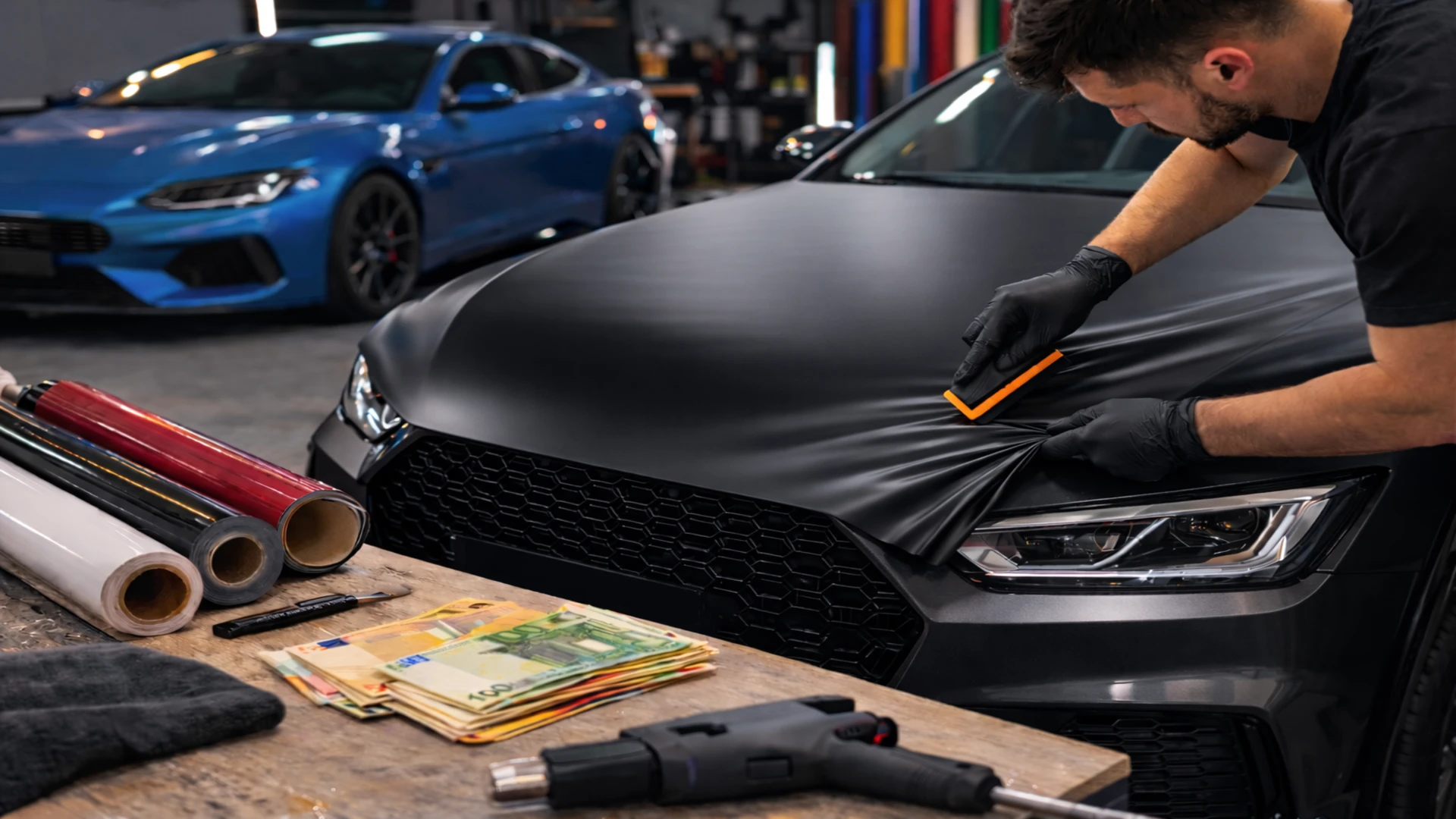 Colantare auto completă realizată într-un atelier profesional, cu aplicare folie de schimbare culoare pe caroserie