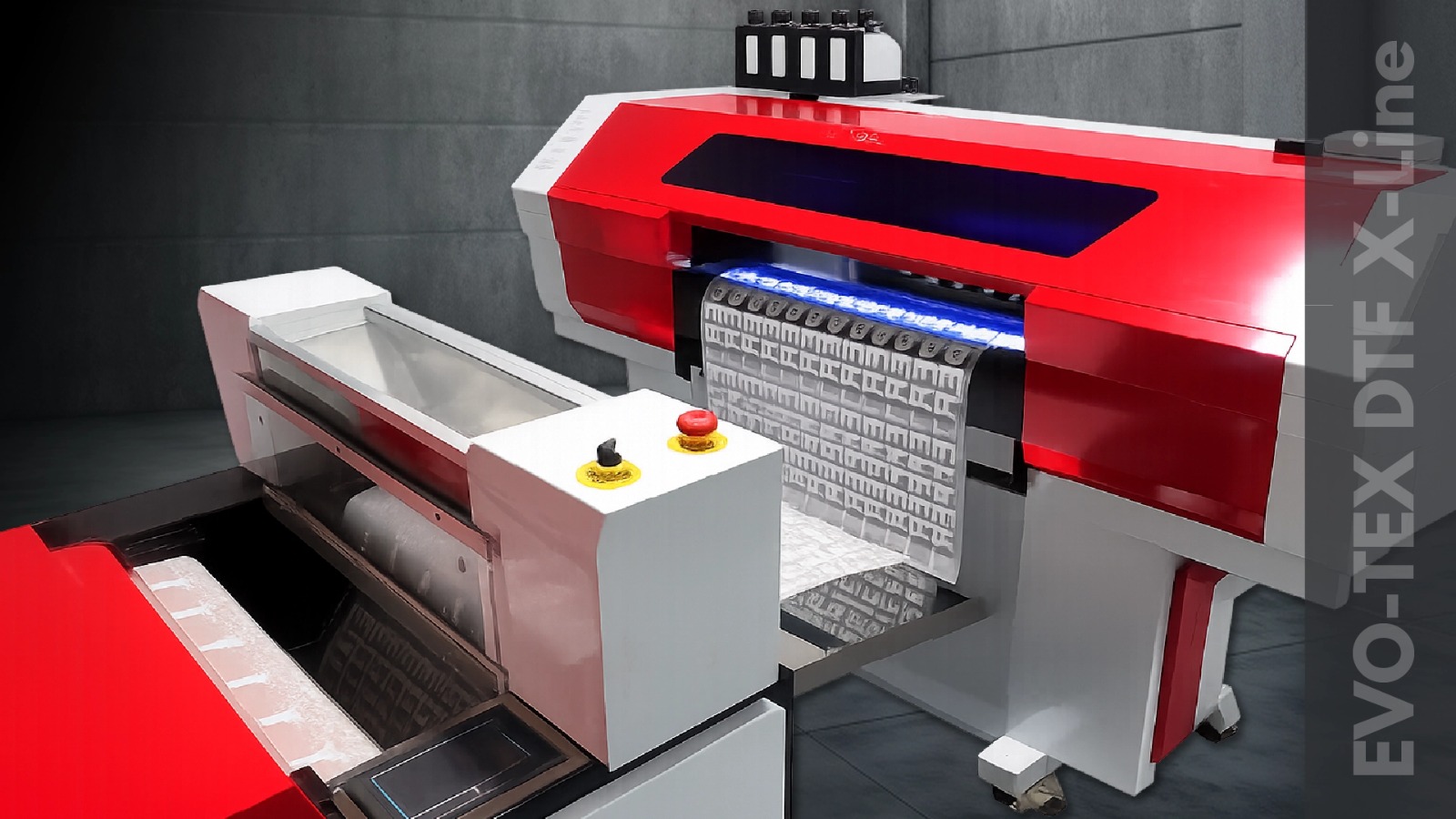 Imprimantă DTF EVO-TEX X-Line folosită pentru producție DTF, relevantă pentru analiza costului de producție, a prețului de vânzare și a profitului pe metru liniar.