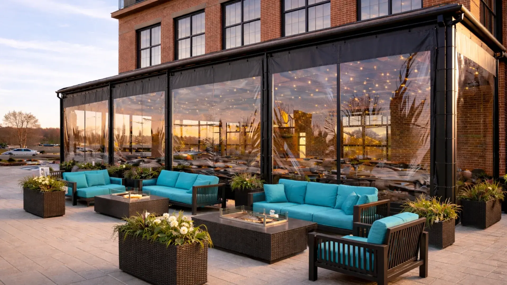 terasă horeca închisă cu folie cristal transparentă PVC, spațiu exterior protejat de vânt și ploaie, utilizare restaurant