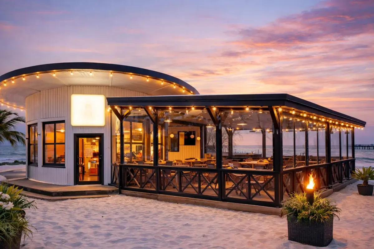 terasă restaurant închisă cu folie cristal transparentă, utilizare horeca, spațiu exterior protejat