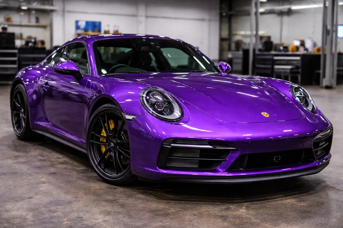 Automobil sport colantat cu folie PPF colorată, protecția vopselei și finisaj premium