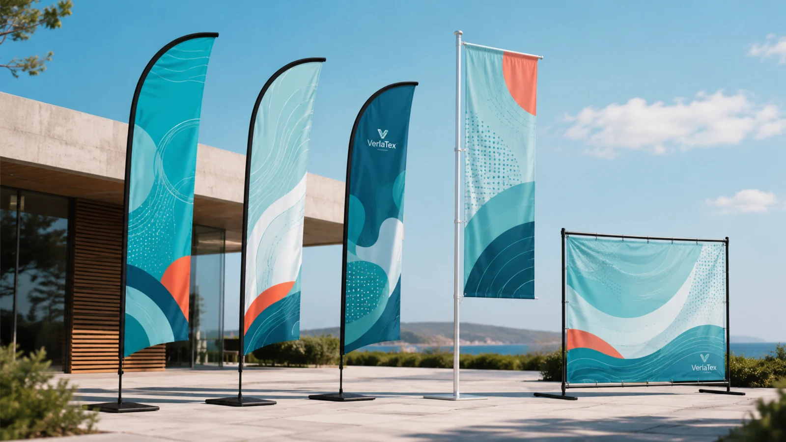 Steaguri, beach flag-uri și bannere textile realizate cu materiale VerlaTex pentru evenimente, branding și semnalistică vizuală
