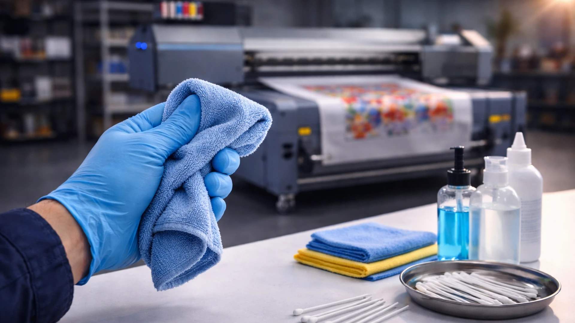 Mentenanță DTF în atelier: curățare imprimantă DTF cu lavetă, soluții dedicate și bețișoare pentru întreținerea capetelor de imprimare
