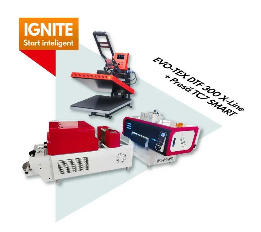 Pachet DTF IGNITE cu EVO-TEX DTF 300 X-Line și presă termică Secabo TC7 Smart