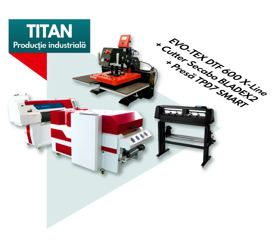 Pachet DTF TITAN cu EVO-TEX DTF 600 X-Line, Secabo Bladex2 și presă termică Secabo TPD7 Smart
