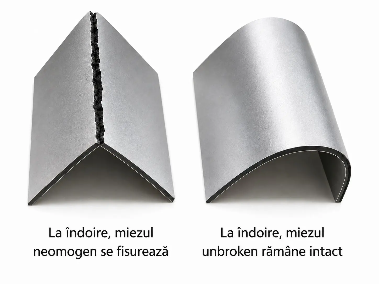 Comparație între o placă BOND ACP cu miez neomogen care se fisurează la îndoire și o placă VerlaPlac cu miez omogen Unbroken Core