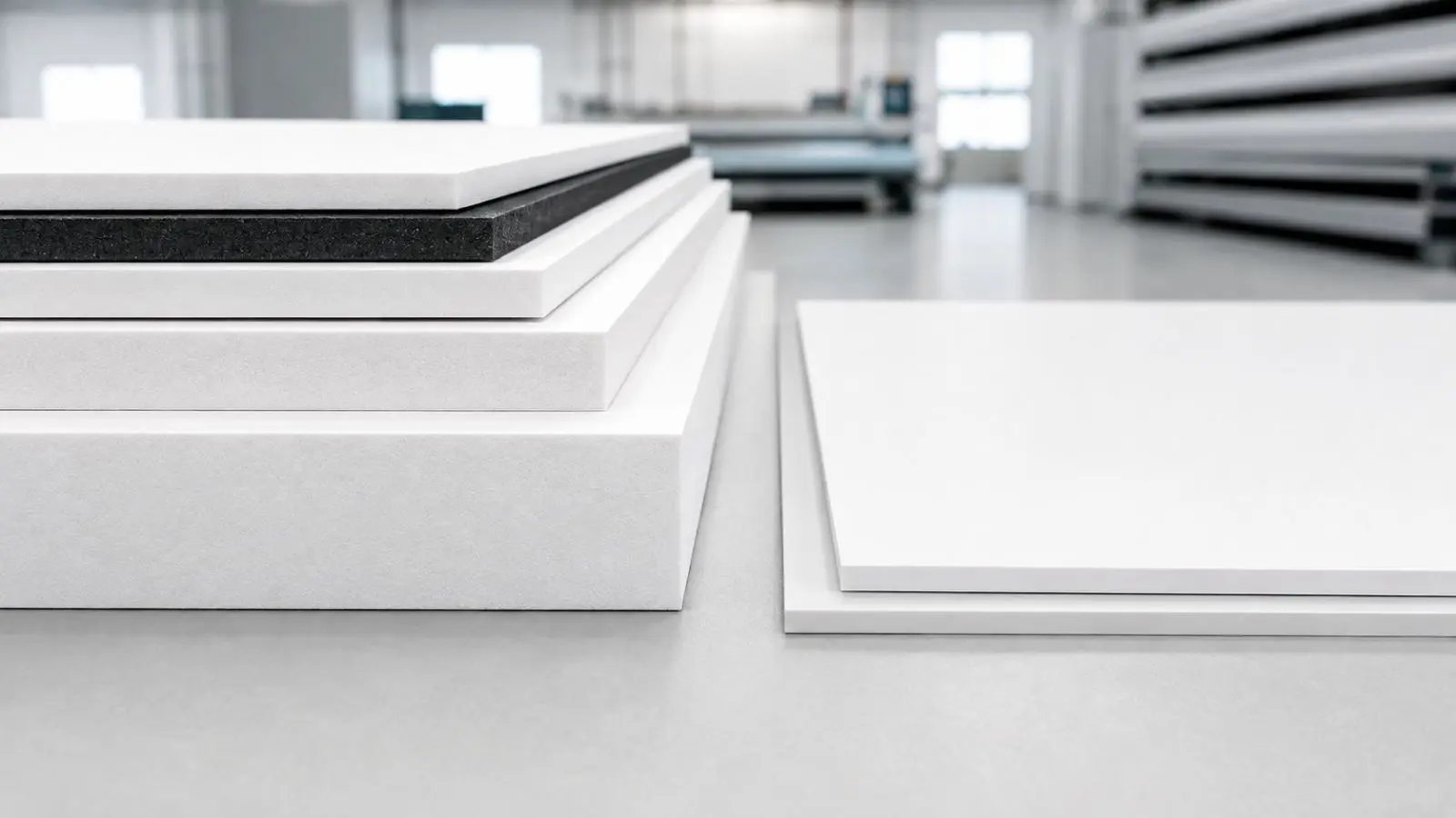 Plăci PVC Foam albe în mai multe grosimi, inclusiv o placă neagră, comparate cu plăci PVC Dur albe subțiri de 1,3 și 2 mm într-un atelier de producție publicitară