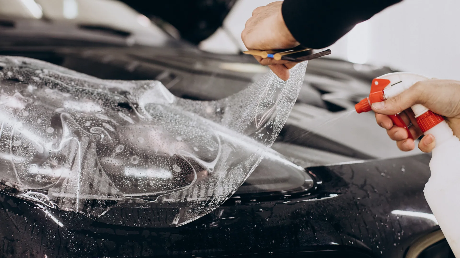 Aplicare PPF pe umed: pulverizare controlată și poziționare inițială a foliei pe element auto, înainte de evacuarea soluției și stabilizare.