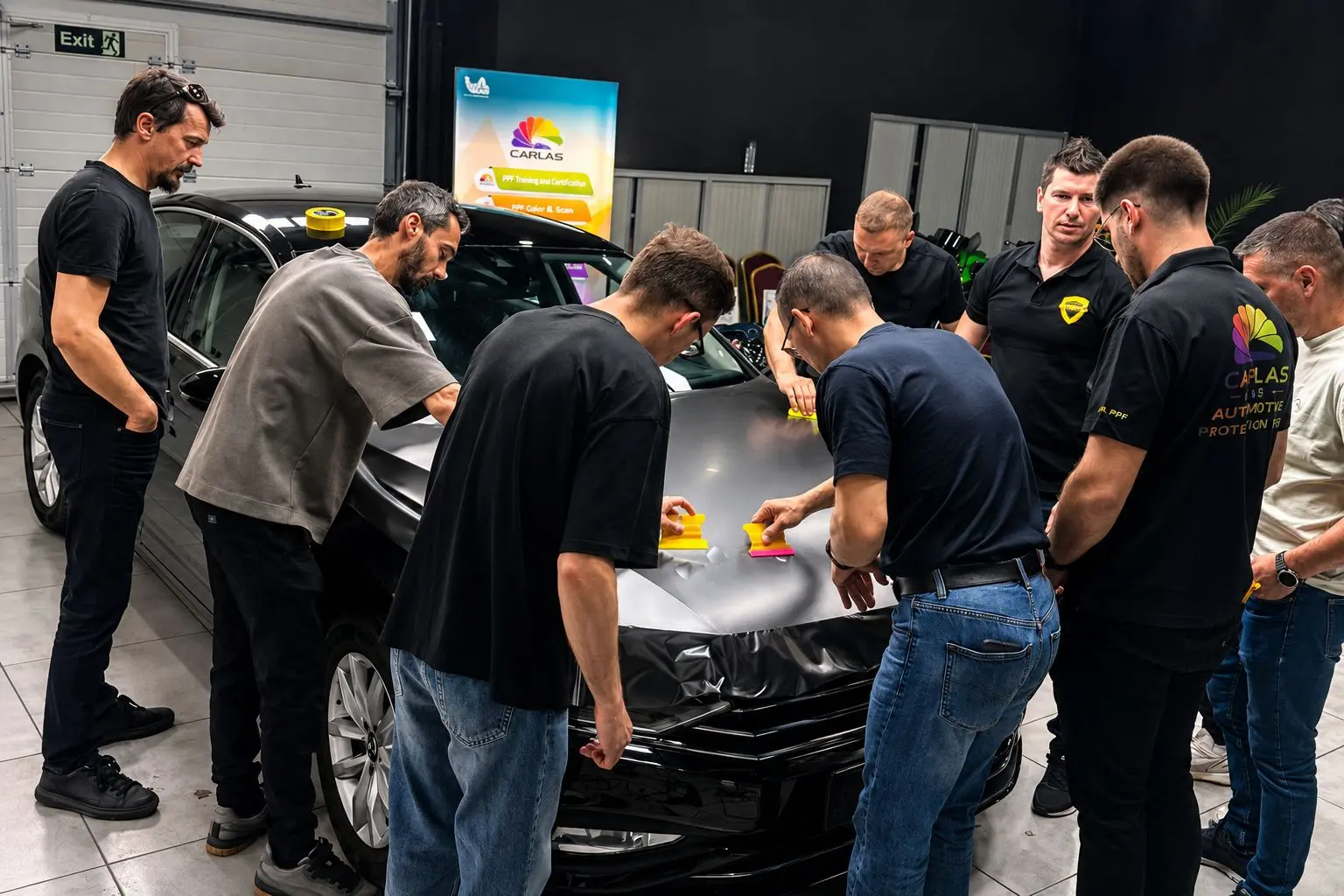 Aplicatori auto testând PPF Carlas pe capota unei mașini, în cadrul unui workshop practic Verla Academy dedicat aplicării PPF transparent și PPF color.