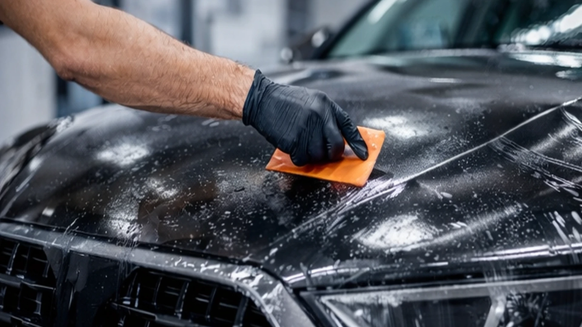 Racletare controlată la aplicarea foliei PPF pe element auto, pentru evacuarea uniformă a soluției și stabilizarea materialului înainte de finisarea muchiilor.