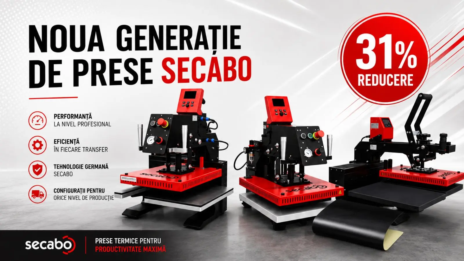 Gamă de prese termice Secabo pentru personalizarea textilelor, incluzând prese manuale, pneumatice și modele cu două platane