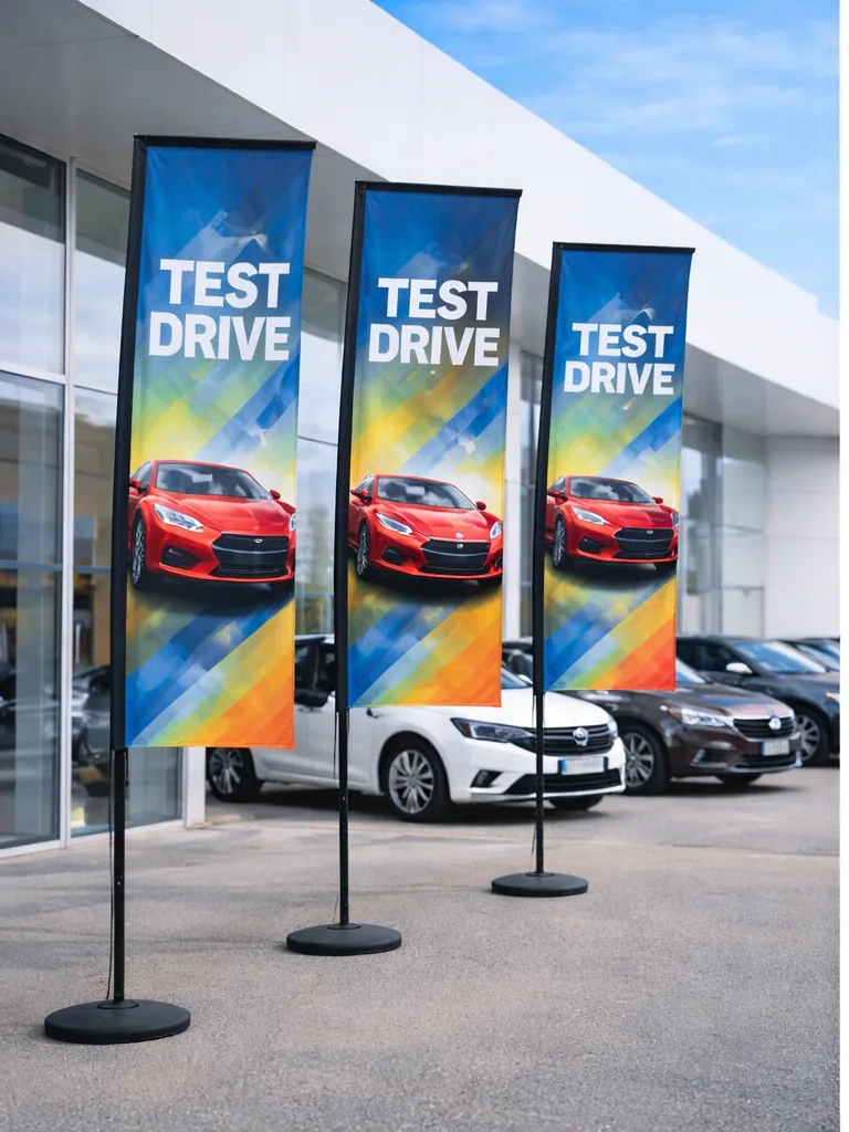 Steaguri promoționale verticale folosite în exterior, în fața unei clădiri comerciale, pentru branding și vizibilitate la intrare.