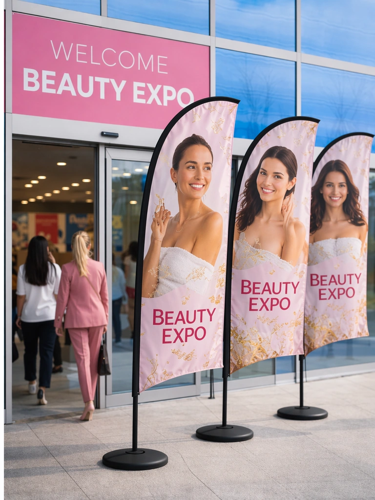 Steaguri promoționale verticale utilizate într-o zonă de acces pentru eveniment, cu rol de orientare și semnalizare vizuală.