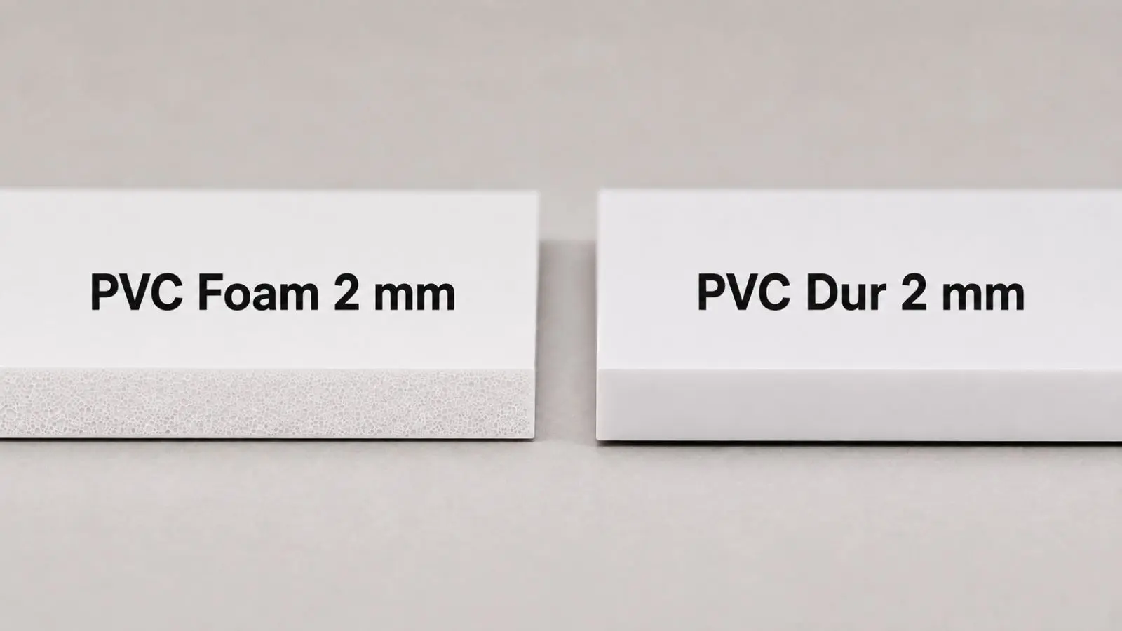 Comparație la aceeași grosime între o placă PVC Foam de 2 mm, cu structură expandată vizibilă în secțiune, și o placă PVC Dur de 2 mm, cu structură compactă și uniformă